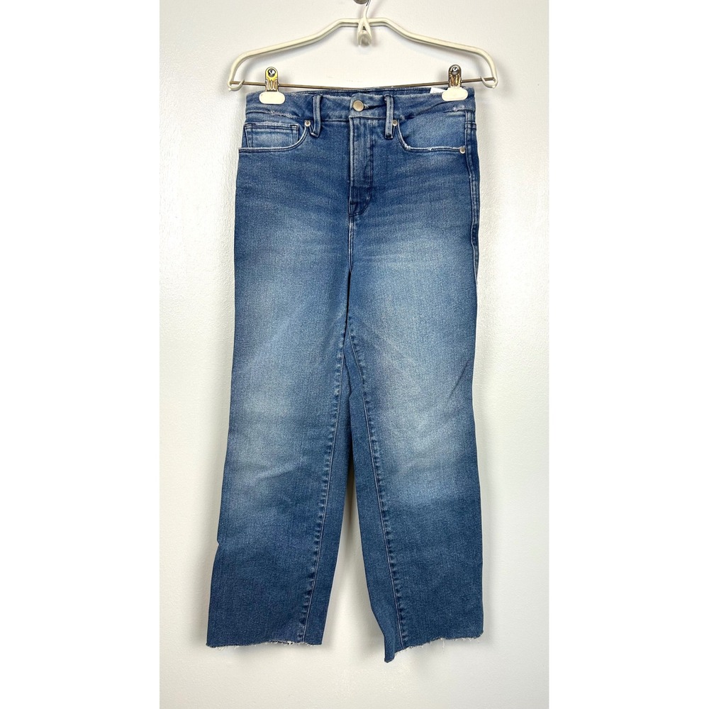 GOOD AMERICAN Good Curve Straight Jeans 0/25 Blue Distressed High Rise Cut Off‎